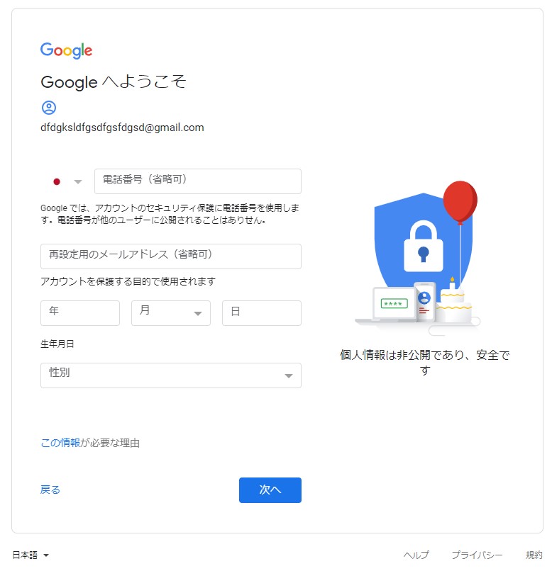 Google 必要事項の入力